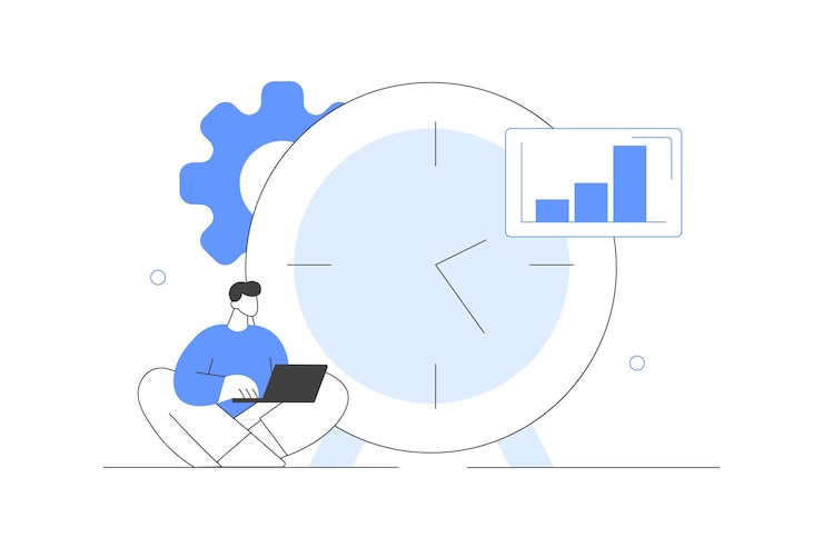 Vetor trabalho em postos de trabalho a tempo parcial e a tempo inteiro ou freelance em casa grande relógio horários híbridos flexíveis