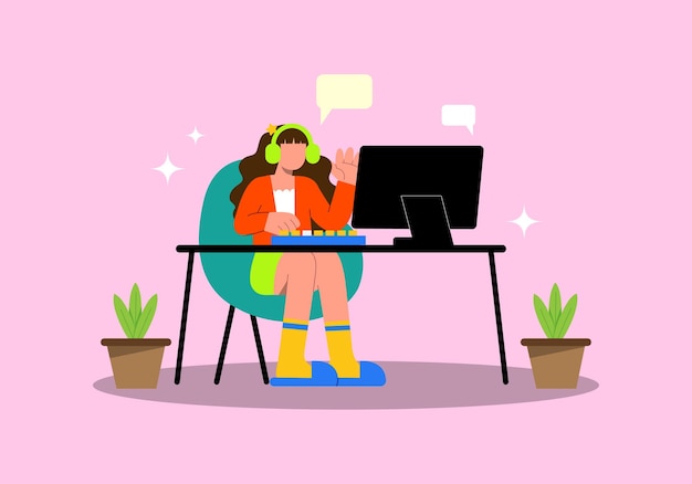 Trabalho mínimo com ilustração de desenho animado desenhada à mão por laptop