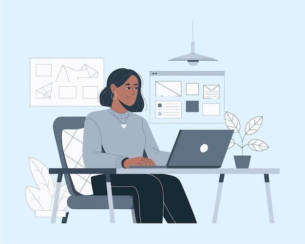 Trabalho remoto freelance ilustração moderna trabalhando em laptop em sua casa