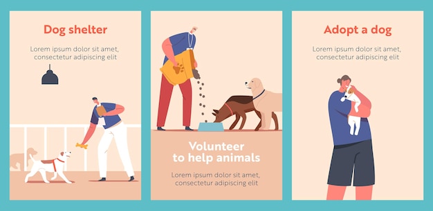 Trabalho voluntário em banners de desenhos animados de abrigo de animais pessoas ajudam animais de estimação desabrigados no centro de reabilitação ou adoção de libras