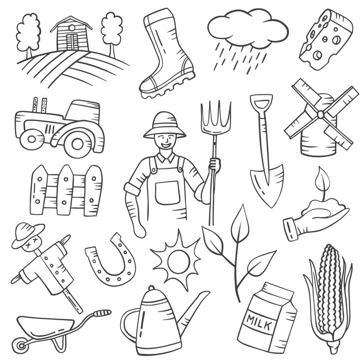 Trabalhos de fazendeiro ou profissão doodle desenhado à mão coleções definidas com contorno estilo preto e branco