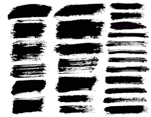 Traçados de pincel Conjunto de pincéis vetoriais Elementos de design Grunge Caixas de texto longas Banners de textura suja Respingos de tinta Objetos pintados