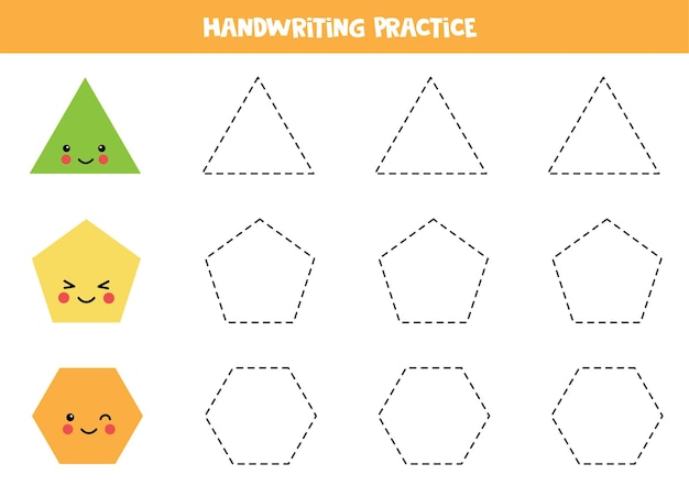 Traçando contornos de triângulo fofo, pentágono, hexágono. prática de caligrafia para crianças.
