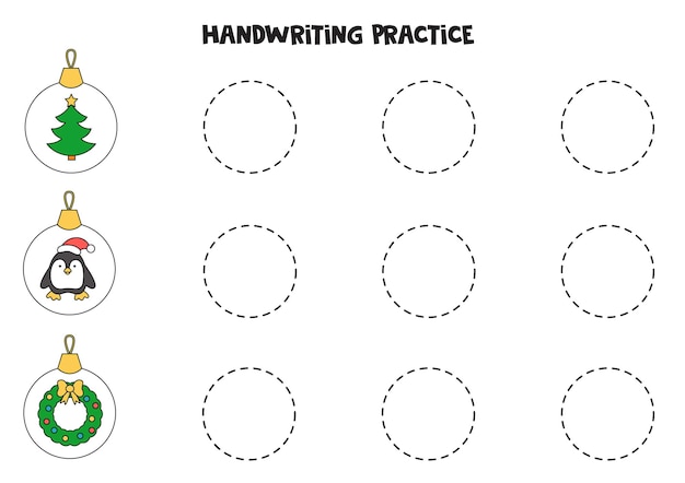 Traçando linhas com bolas de natal bonito dos desenhos animados. prática da escrita.