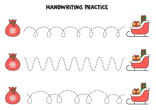 Traçando linhas com bolsas de natal e trenó. prática da escrita.