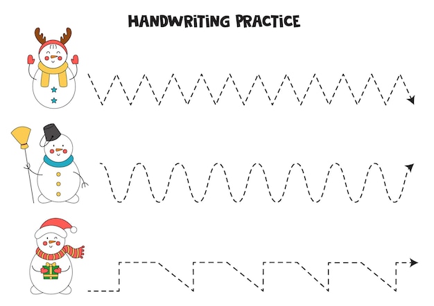 Traçando linhas com bonecos de neve bonitos dos desenhos animados. prática da escrita.