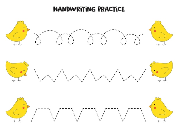 Traçando linhas com galinhas de páscoa fofas. prática da escrita.