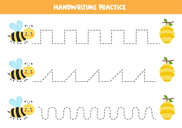 Traçando linhas para crianças com abelhas bonitas e colmeias. prática de caligrafia para crianças.