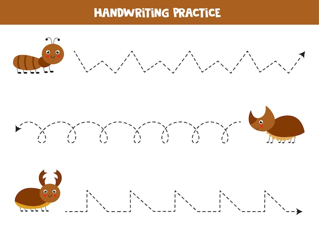 Traçando linhas para crianças com bonitos insetos marrons. prática de caligrafia para crianças.