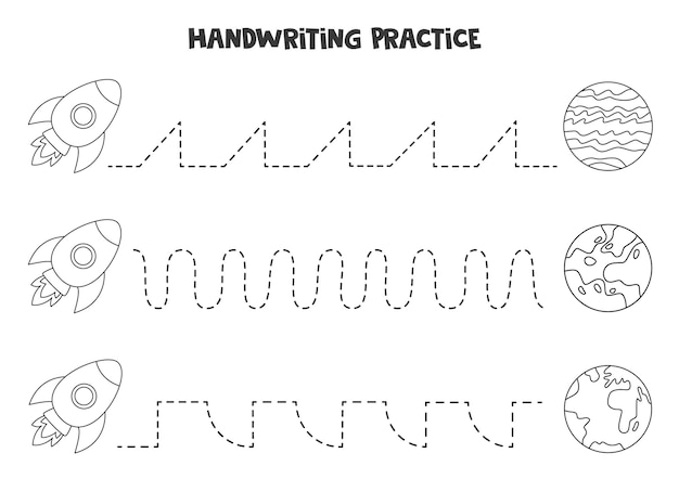 Traçando linhas para crianças com lindos foguetes e planetas preto e branco. prática de caligrafia para crianças.