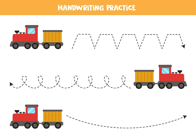 Traçando linhas para crianças com trem de desenho animado. prática de caligrafia para crianças.