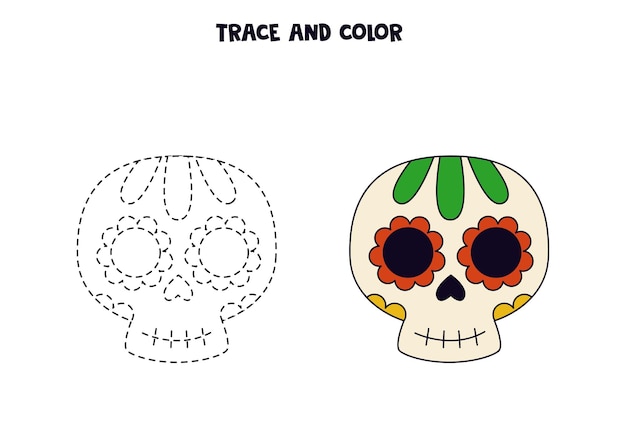 Traçar e colorir a planilha de crânio mexicano desenhado à mão bonito para crianças