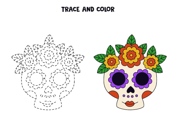 Traçar e colorir a planilha de crânio mexicano desenhado à mão bonito para crianças