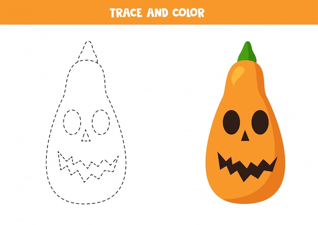 Traçar e colorir abóboras de halloween dos desenhos animados. prática de caligrafia.