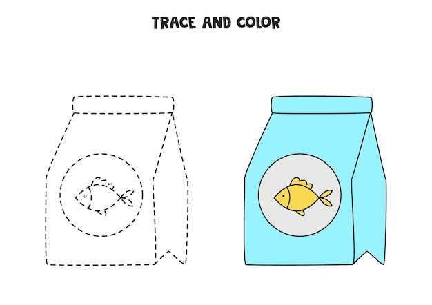Traçar e colorir comida de peixe desenhada à mão fofa planilha para crianças