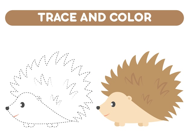 Traçar e colorir planilha de ouriço fofo de desenho animado para crianças