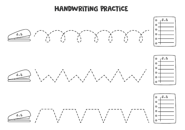 Traçar linhas com grampeador bonito e folha de papel. prática da escrita.