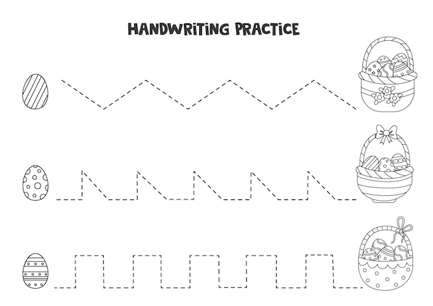 Traçar linhas para crianças com lindas cestas de páscoa em preto e branco. prática de caligrafia para crianças.