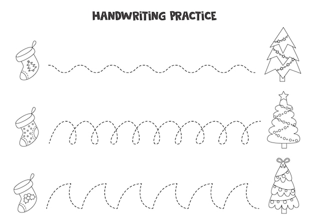 Traçar linhas para crianças com meias e árvores de natal em preto e branco. prática de caligrafia para crianças.
