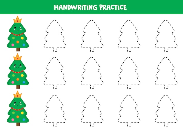 Traçar os contornos de uma bonita árvore de natal prática de caligrafia