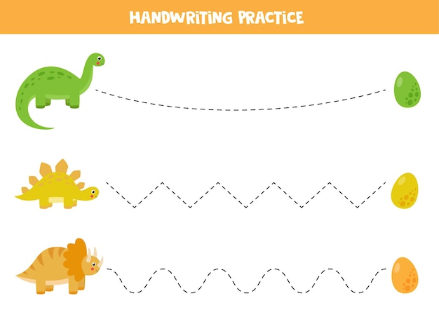 Trace a página de atividades de linhas com dinossauros e ovos fofos. prática de caligrafia para crianças.