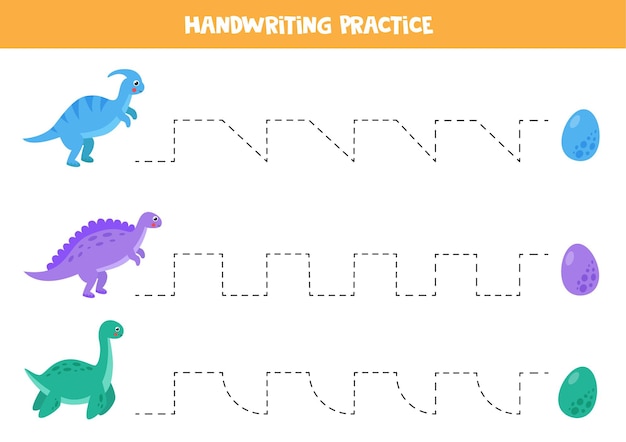 Trace a página de atividades de linhas com dinossauros e ovos fofos. Prática de caligrafia para crianças.