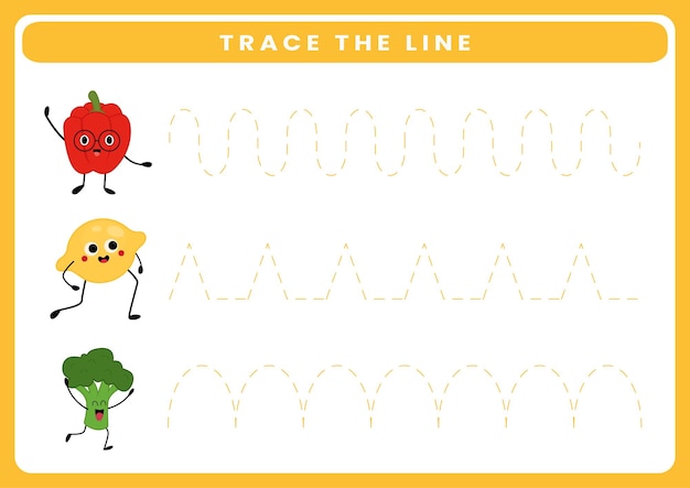 Trace a planilha de frutas e legumes de desenho animado bonito para crianças