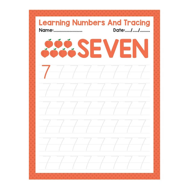 Trace a planilha de matemática de início do número sete para a folha de atividades de crianças pré-escolares de volta à escola