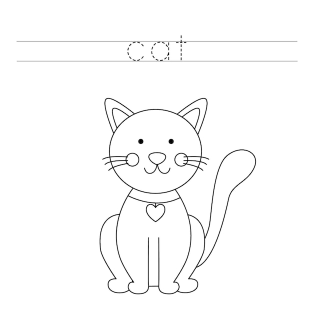 Prática de caligrafia trace as linhas e pinte o gatinho fofo jogo educativo  para crianças, livro de colorir, planilha imprimível, ilustração vetorial