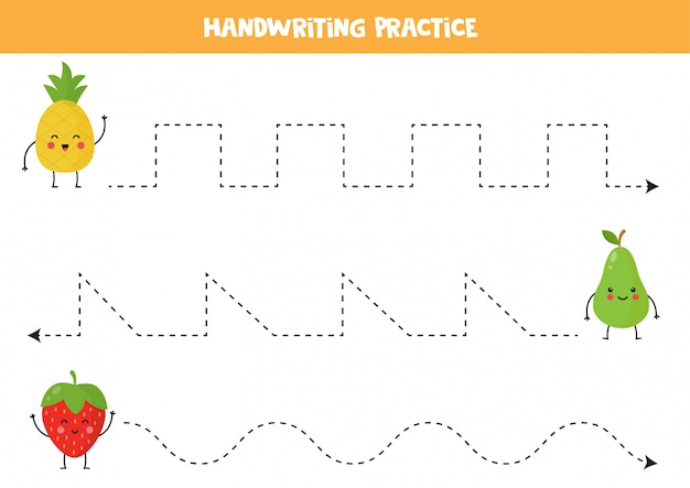 Trace as linhas com frutas kawaii fofas. prática da escrita.