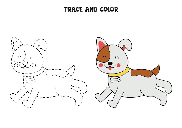 Trace e colora a planilha de cachorro fofo desenhado à mão para crianças