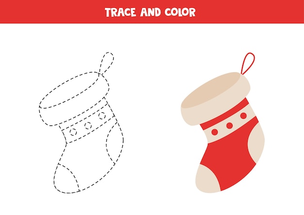 Trace e colore a meia de natal dos desenhos animados. planilha para crianças.