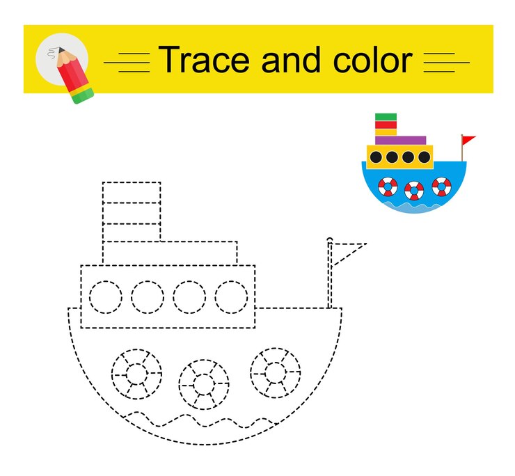 Vetor trace e cor para crianças ficha de trabalho pré-escolar para praticar habilidades motoras finas navio de desenho animado
