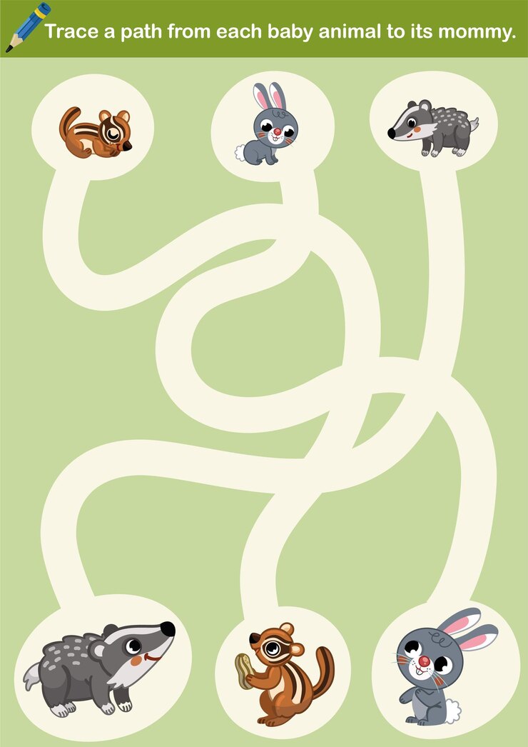 Vetor trace um caminho de cada animal bebê até sua mãe. ilustração em vetor educacional para crianças.