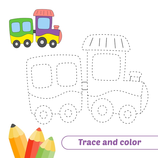 Traço e cor para vetor de trem de crianças
