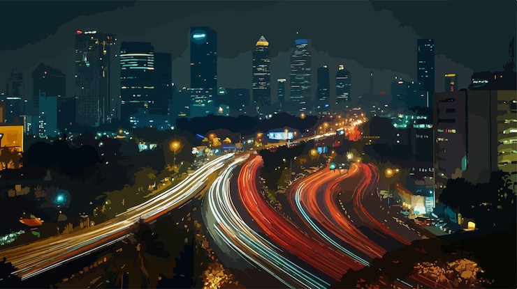 Vetor traços de luz de carro de longa exposição vibrante à noite