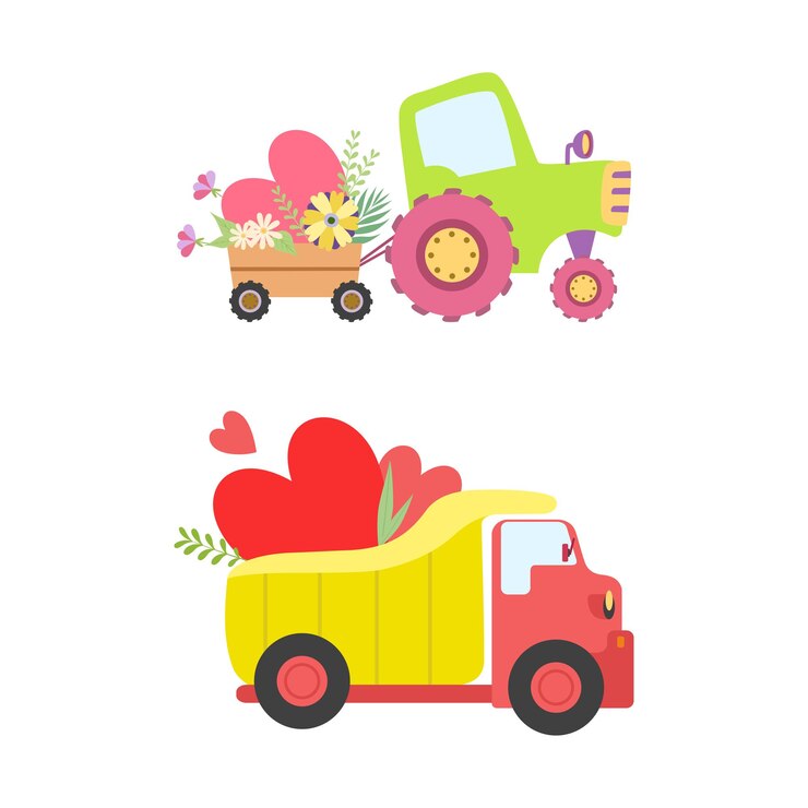 Vetor tractor bonito e van com carrinho cheio de flores e corações vector set