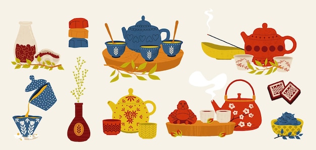 Tradição chinesa do chá Cerimônia do chá com atributos tradicionais orientais Cultura chinesa Hora do chá com chaleira xícara toalha incenso Ilustração vetorial