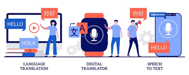 Tradução de idiomas, tradutor digital, conceito de fala em texto com pessoas minúsculas