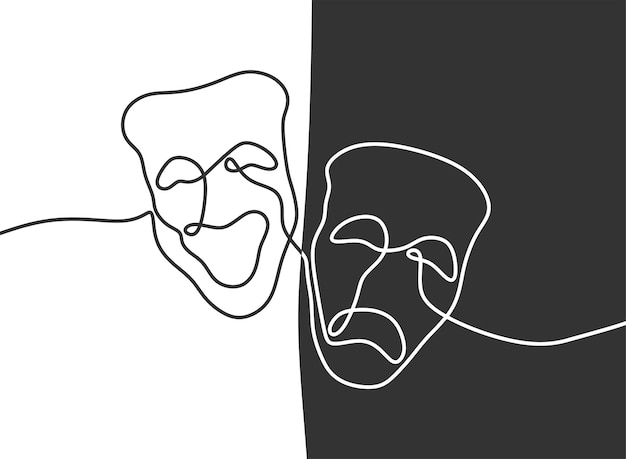 Vetor tragédia de máscara de teatro e humor on-line arte em linha contínua