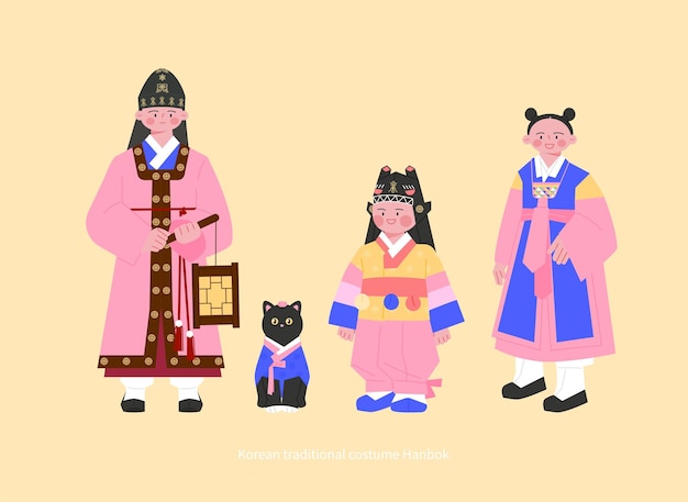 Trajes da dinastia joseon crianças bonitas usando várias ilustrações desenhadas à mão de hanbok