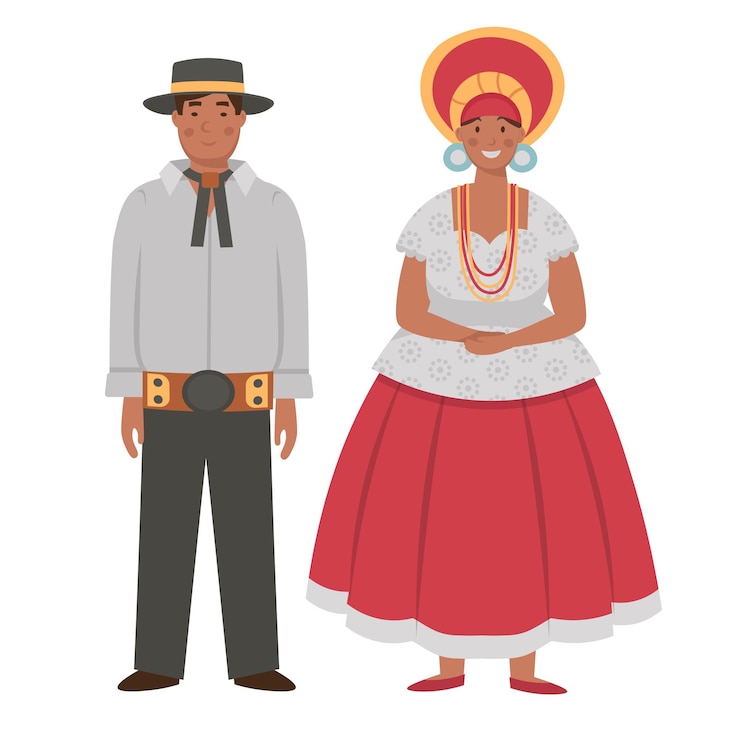 Vetor trajes de desenho animado masculino e feminino do personagem do brasil para crianças ilustração vetorial plana