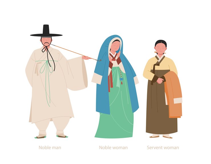 Vetor trajes de homens e mulheres nobres e servos da antiga nação da coreia joseon ilustração vetorial desenhada à mão