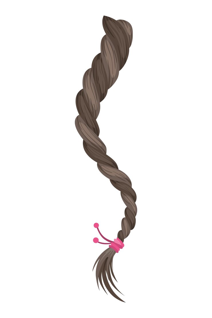 Vetor trança de cabelo trança de moda feminina longa ilustração vetorial de cabelo humano em cor natural ilustração de arte dos desenhos animados com fita isolada no fundo branco