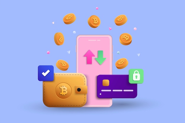 Transação de criptomoeda e infográfico de mobile banking. Enviar dinheiro. Carteira digital Bitcoin. Conceito 3d de pagamento eletrônico. Ilustração em vetor isométrica de transferência internacional de dinheiro