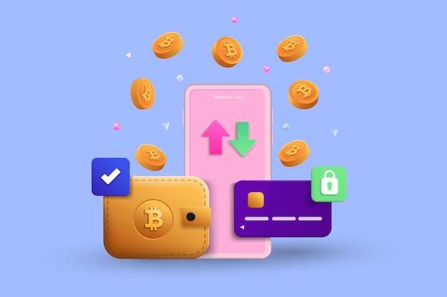 Transação de criptomoeda e infográfico de mobile banking. enviar dinheiro. carteira digital bitcoin. conceito 3d de pagamento eletrônico. ilustração em vetor isométrica de transferência internacional de dinheiro