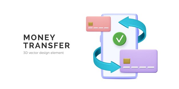 Transação de dinheiro de sucesso no conceito de aplicativo móvel elemento de design de desenho animado 3d