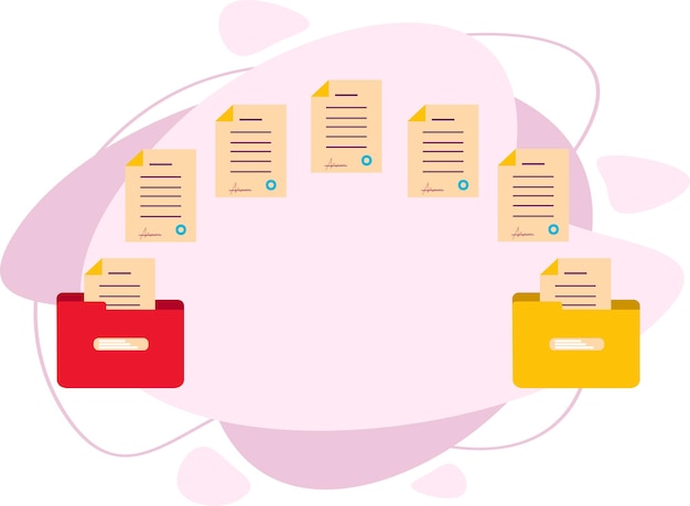 Transferência de arquivo. gerenciamento de documento. os documentos foram movidos para duas pastas. copiando arquivos. ilustração em vetor plana.