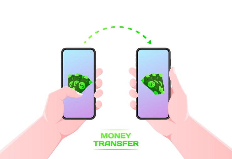 Vetor transferência de dinheiro em telefones telemóvel de cor plana na mão telemóvel de transferência de dinheiro ilustração vetorial