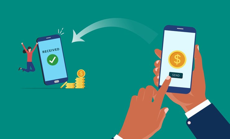 Vetor transferência de dinheiro online usando o conceito de smartphone, pagamento sem dinheiro, mãos segurando o telefone para ilustração vetorial de transações